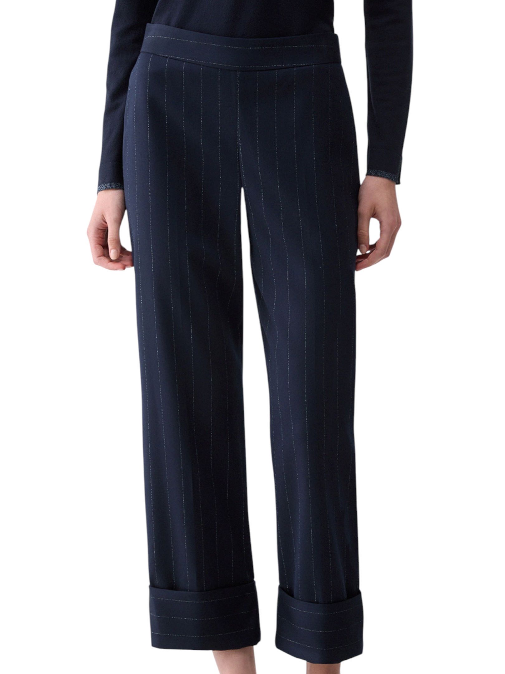LIU JO - PANTALONE BLU GESSATO LUREX RISVOLTO