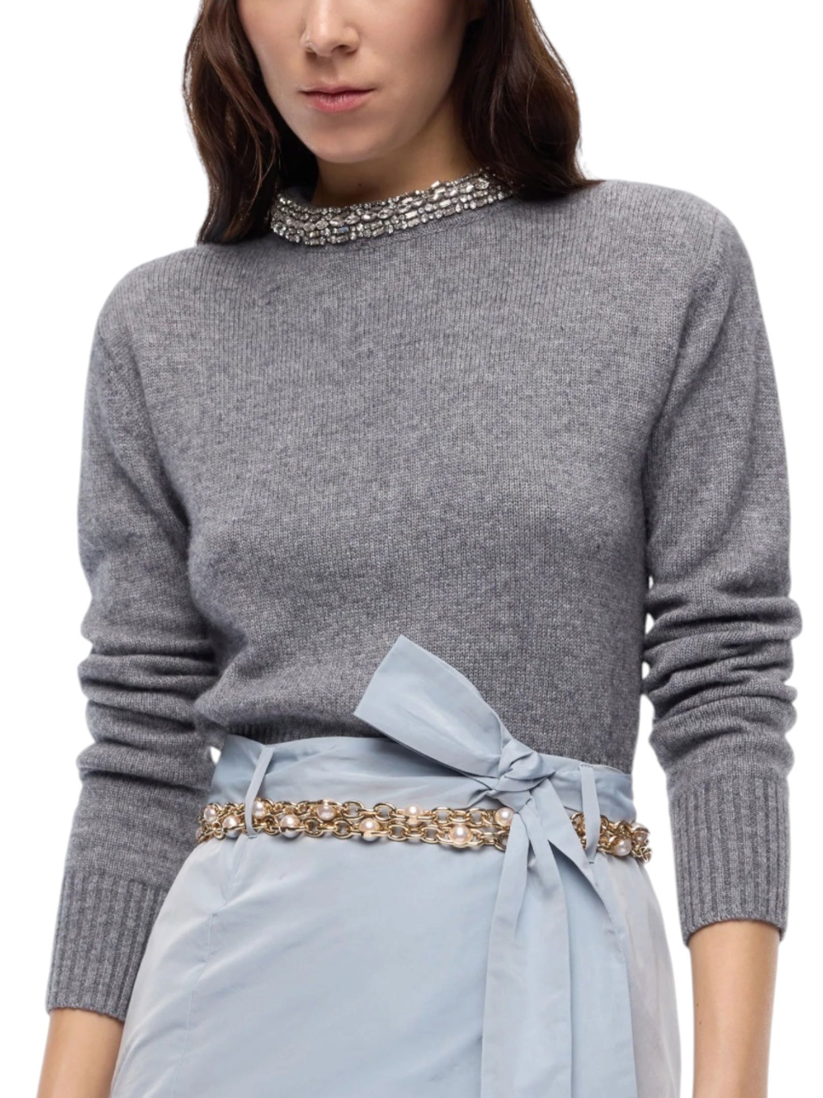PINKO - MAGLIA LANA GRIGIA STRASS COLLO