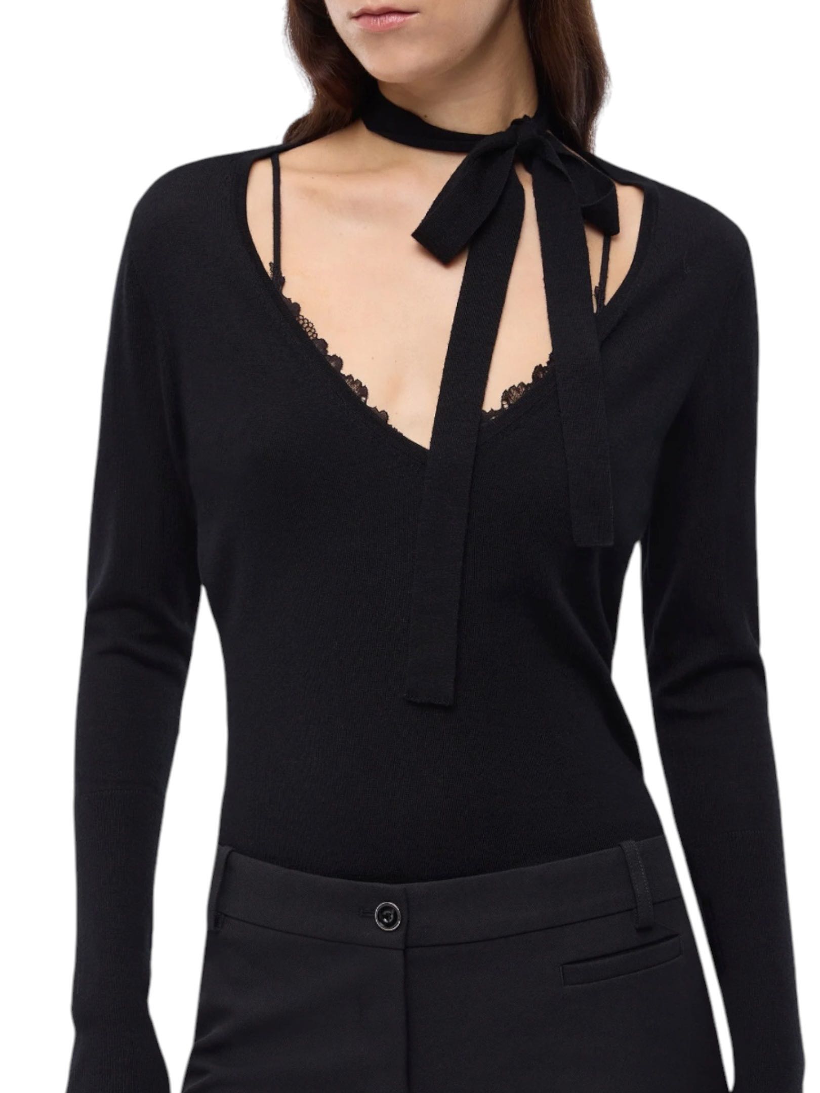 PINKO - MAGLIA NERA SCOLLO V PIZZO